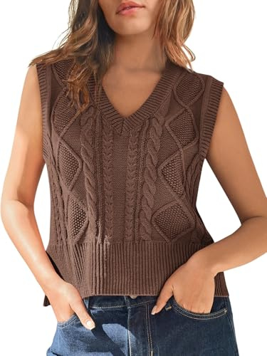 Tongmingyun Gilet da Donna Senza Maniche con Scollo a V, Maglione Basic in Maglia a Costine, Top Tank a Manica Corta per Business e Tempo Libero, caffè, L