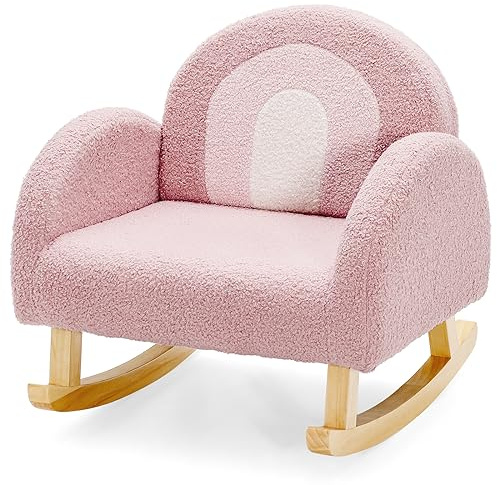 GOPLUS Barnfåtölj, barnsoffa, gungfåtölj av velourtyg med ryggstöd och massiva träben, vadderad barnstol för barnrum, lekrum, för barn 3–5 år (rosa)