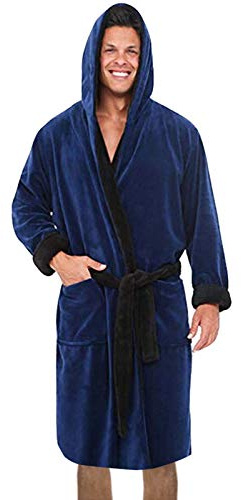 Duohropke Peignoir en coton éponge pour homme - Grande taille - Avec capuche - Court - Longueur genou - Sauna - Peignoir de chambre - Manteau de sauna, bleu, 3XL