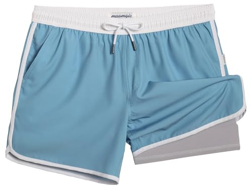 maamgic Mens Short 80s 90s Vintage 5.5 Swim Trunks Swimsuits Board Shorts Compression Liner Quick Dry 2 in 1 Bathing Suits Light Blue Large