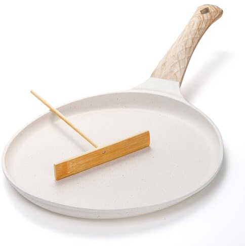 Hiceeden Antihaft Crepe Pfanne, 26cm Pfannkuchen flache Pfanne mit Spreizer, Antihaftbeschichtung Induktion Dosa Tawa Pan für Alle Herd, Induktion kompatibel, PFOA frei (weiß)