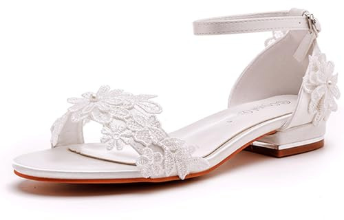 FGRID Sandales de Mariage à Talons Bas épais pour Femmes, Sandales de mariée Sexy à Bout Ouvert en Dentelle Blanche, Sandales d'été en Satin avec Boucle de Cheville Dolly