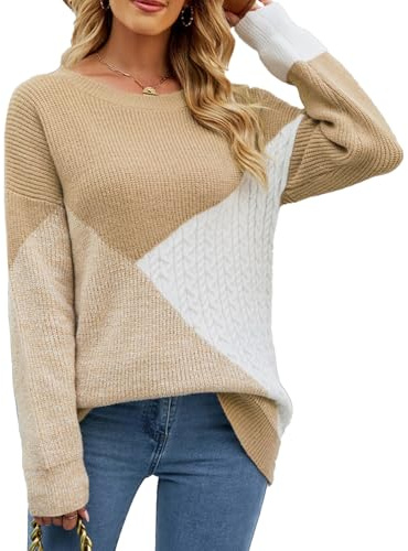 NLAND Pull Femmes Automne Hiver Manches Longues Pullover Mode Pullover Col Rond Hauts Hiver Couleur Patchwork Pull Tricoté Couleur Sweatshirt(Kaki,L)