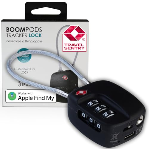 Boompods Tracker Lock - TSA-Zugelassenes Gepäckschloss mit Ortungsfunktion, Wiederaufladbarer Gegenstandsfinder für Koffer & Taschen, Wasserdichtes Zahlenschloss, Kompatibel mit Find My App, Schwarz