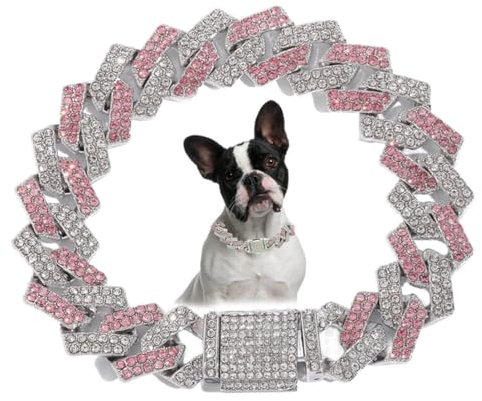 Hundehalsband, Diamant-Metall, kubanische Glieder-Hundehalsband, 15 mm breit, glitzernd, für kleine, mittelgroße und große Haustiere, Hunde, Katzen, Rosa (40.6cm)