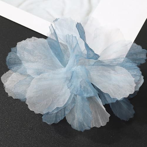 5 stycken organza-blommor, 3D-tyg broderilapp gradient blomma applikationer chiffong blommor tyg blommor gör-det-själv pyssel tillbehör för sömnad, för brosch bruddekoration hårsmycken 14 cm, havsblå
