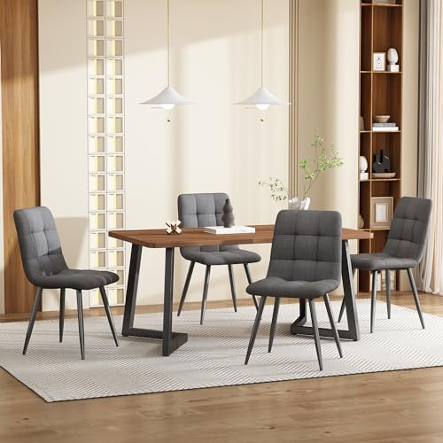 Matgrupp (5 delar) – modernt matbord med 4 stolar, valnöt MDF-bordsskiva, svarta metallben, linneskydd, ergonomisk design, perfekt för vardagsrum och matsal.