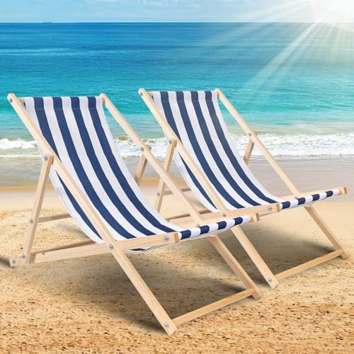 ISOISL Set de 2 sillas de playa plegables, de madera, hasta 150 kg, resistente silla plegable, para jardín, playa, camping y compañeros de viaje (rayas azules y blancas)