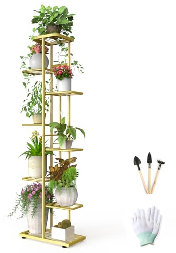MAIJIAJU Metal Plant Stand Indoor Outdoor 8 Tier Plant Shelf with Gardening Tools and Gloves, 141cm Tall Flower Stand Organizer Corner Shelf Unit Display Rack for Garden Patio Living Room, Gold