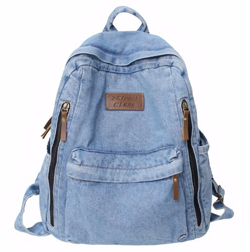 Ausing Vintage Jeans Canvas Backpack - Lightweight Aesthetic Commuting Adjustable Strap Laptop Denim Casual Travel Work School Bag Blue