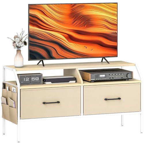 HOMCOM TV Stand Cabinet, TV Unit for 55-inch TVs with 2 Foldable Fabric Drawers, 5 Divided Side Pockets, Open Shelves, Console Table for Living Room, Bedroom, Entertainment Room, Natural Wood Finish