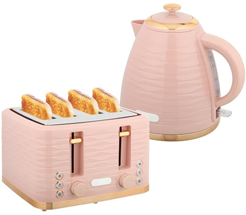 HOMCOM Wasserkocher Toaster Set Frühstück-Set mit 1,7L Wasserkocher, 4 Scheiben Toaster, 2200 W, 7 Bräunungsstufen, Auftauen, Aufwärmen und Krümelfach, Otter Thermostat, Rosa