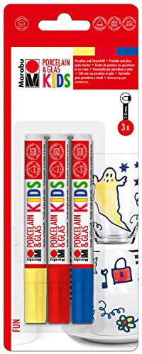 Marabu 012500000082 – Porslin & Glas Painter Kids, set roligt med 3 färger, porslins- och glasmålningspenna för barn, enkel målning, diskmaskinssäker efter inbränning, spets 1–3 mm