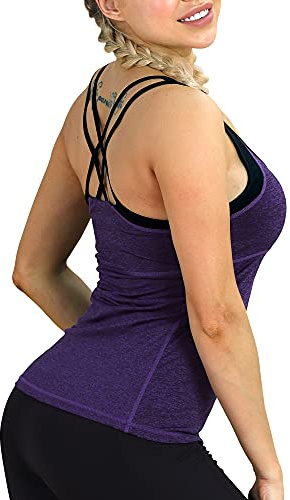 icyzone Damer 2 i 1 sport yoga toppar med bh – gymskjortor fitness träning linne, lila, XL