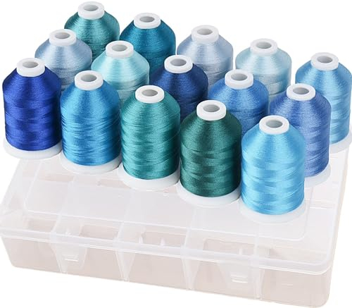 Simthread Maschinenstickgarn mit Aufbewahrungsbox, Polyester, 15 Spulen, Set für Stickerei, Nähmaschine (blau)
