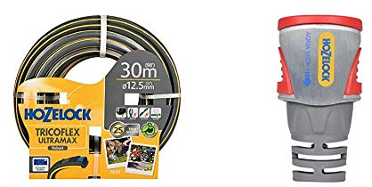 Hozelock Trico Flex Ultra Max Anti-Crush 30 m Hose & Pro Metal AquaStop Connector (12.5mm & 15mm)