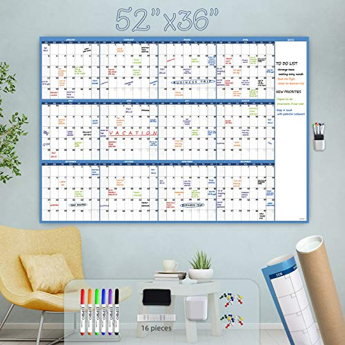 Grand calendrier mural effaçable à sec – 132,1 x 91,4 cm – Calendrier annuel vierge non daté – Tableau blanc laminé de qualité supérieure – Calendrier de bureau laminé réutilisable de 12 mois
