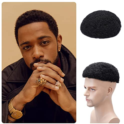 Lordhair Afro Toupet für Schwarze Männer, Lockiges Herren-Toupet,100% Echthaar Männer Ersatzsystem, 20 x 25 CM (4 MM Krümmung, Tiefschwarz 1#)