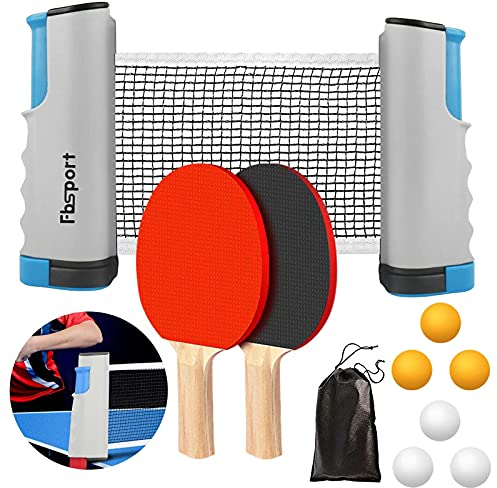 FBSPORT Tischtennis Set Profi für Tisch mit 2 Tischtennisschläger + Einziehbarem Netz + 6 Tischtennis-Bälle + 1 Tragetasche, Table Tennis Set für Erwachsene Familien Indoor Outdoor