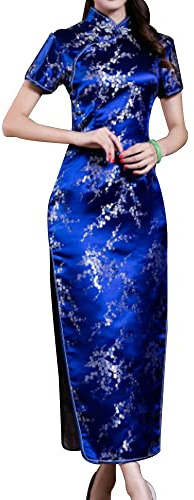 Women Cheongsam Long Dress Evening Short Sleeve Slim Fit Maxi Dress Floral Faux Silk Stand Collar Bodycon Qipao (as1, Alpha, xx_l, Regular, Regular, Dark Blue Flower)