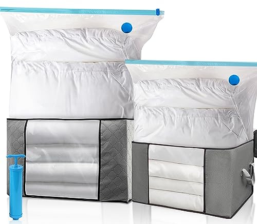 Housse de Rangement Sous Vide XXL, Kit de Rangement Grande Capacité - 2 Sacs Sous Vide, 2 Sacs de Rangement avec Poignées de Renforcement et 1 Pompe, pour Duvet Couette Oreillers Vêtements la Literie