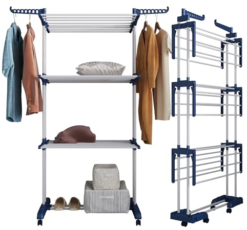 johgee Wäscheständer Turm mit Rollen, Faltbarer Boden, Platzsparender Turm Wäschetrockner, Standtrockner Wäscheturm mit 6 Klappbare Flügel und 2 Seitenflügel für große Familien（Blau&Weiß）