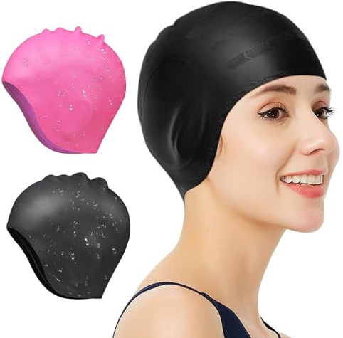 2 Pcs Swim Caps Ear Protection,3D Swimming Cap for Women Men Cap Waterproof Fits Long Hair & Short,Adult Swim Cap Youth Lightweight Bathing Caps for Women Men