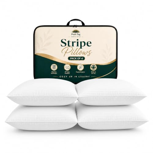 Posh Tag Stripe Pillows 4 Pack – Hollow Fiber Filled Hotel Quality, Comfortable & Breathable Bed Pillows 48x74 cm, Soft & Firm Hypoallergenic Anti-Allergy Support for Neck Pain, Luxury 4 Pack Pillows
