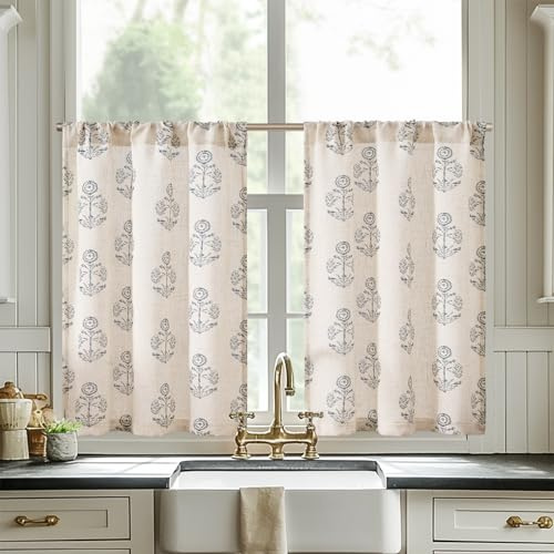 TOPICK Blommor köksgardiner glidande gardiner ljusfilter korta fönster gardiner fransk bondgård linneutseende litet fönster bistrogardin för vardagsrum kök 65B x 60 H (cm) 2 plattor blå