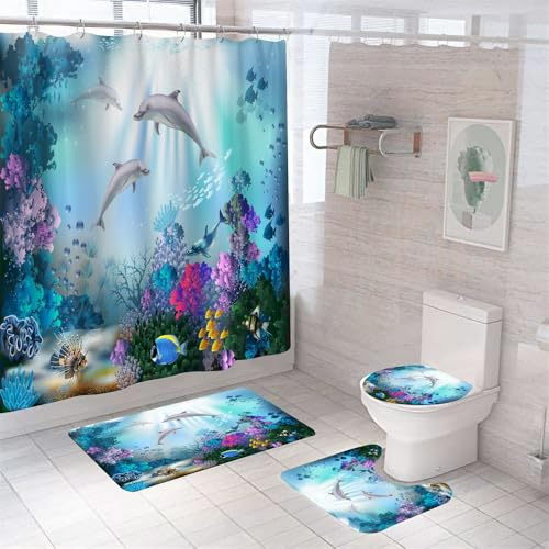 4pcs Dolphin and Ocean Life Shower Curtain Set, Polyester Bath Curtain, Blue Ocean Undersea World Colorful Fish Coral Seabed Waterproof Curtain, Rugs,Toilet Lid Cover and Bath Mat Bathroom Decor Set