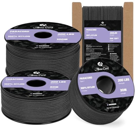 Abma Cord Paracord 2mm 50m Nylonschnur 3 Kern Seil Typ I Schnur für Basteln, Camping, Outdoor - Max. 90kg (200lbs) - Schwarz