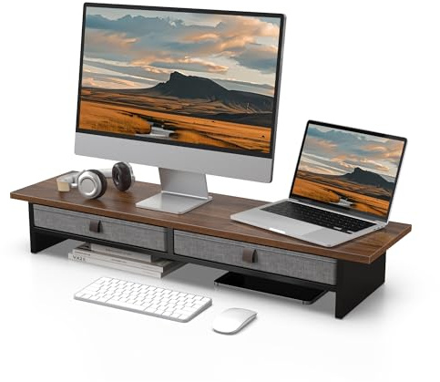 Fenge Dual Monitorständer Riser 2 Etagen Computer Monitor Ständer mit Schublade für PC Laptop Drucker TV, 90x23,5x14,2cm Tragfähigkeit 25KG (Braun)