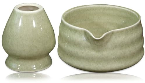 GOMETY Japanische Matcha-Schale mit Ausgießer, Chawan Matcha-Teeschale mit Schneebesenablage, Traditionelle Keramik-Matcha-Schale Matcha-Keramikschale Matcha-Schale Chawan Teeschalen, Matcha-Farbe