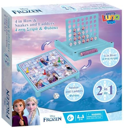 Disney La Reine des Neiges Jeu de société 2 en 1 | 4 en une rangée et serpents et échelles Jeu de stratégie classique et amusant en famille | Jeu de société pour enfants avec thème La Reine des Neiges