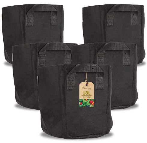 Green Home Pflanzsäcke 18L Schwarz 5 Stück – Atmungsaktive Stofftöpfe für Gemüse, Kräuter, Blumen – Wiederverwendbarer Pflanzsack mit Wurzelbelüftung – Stofftopf Balkon, Terrasse & Garten