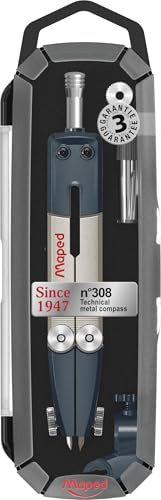 Maped - Compas Technique Métal N° 308 - Chape Métal Ergonomique - Tracés Précis et Stables - Gamme Since 1947 - Coffret Inclus - Garantie 3 Ans