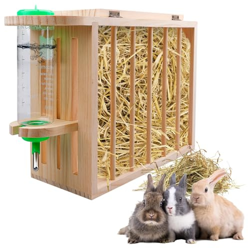 Mangeoire à Foin pour Lapin, Mangeoire à Foin en Bois, Mangeoires Foins Lapin, Râtelier à Foins en Bois, Abreuvoir Et Alimentateur Lapins 2 en 1 pour Petit Animal De Compagnie