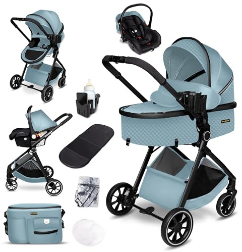 GagaDumi SoHo 3-in-1 Kinderwagen Set – TÜV-zertifiziert, i-Size Autositz, Leichtgewicht (ca. 8 kg), inkl. Regen-, Moskitonetz, Wickeltasche, Einkaufskorb, Becherhalter – Ideal für Stadt & Land
