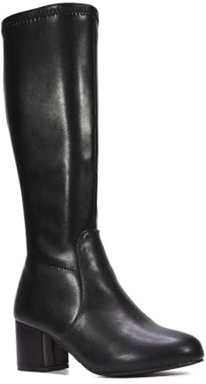 ESSEX GLAM Women's Heeled Long Boots Ladies Low Mid Block Heel Stretch Black Synthethic Leather Knee High Boots Size 5