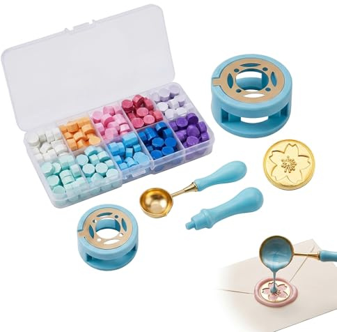 Kit de Sello de Lacre de 304 Piezas, Juego de Sellos de Cera con 300 Cuentas de Cera, Calentador, Cuchara y Sello de Flor de Cerezo para Invitaciones de Boda, Sobres y Manualidades DIY, Azul