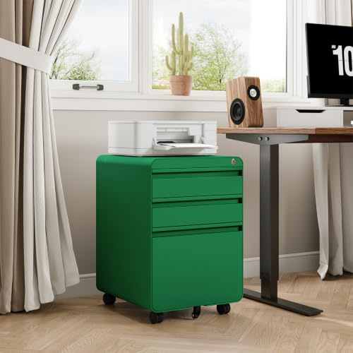 Dripex 3-Drawer Mobile Filing Cabinet, Lockable, Deep Green | Pre-Assembled, Steel Construction, Hanging File Rails A4/Letter/Legal File, Lockable Swivel Castors, Anti-Tilt Design