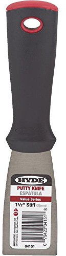 HYDE TOOLS 4151 1-1/2 Putty Knife-Stiff High Carbon Steel Blade is Tempered & Satin Finished, Reinforced Polypropylene Handle is Solvent Resistant