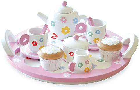Indigo Jamm Wooden Toy Tea Set with Tray for Ages 3 Years Plus (Flower Tea party)