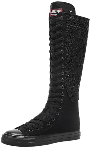 Jamron Filles Femmes Mode Genou Haut Lacer Bottes de Toile Pur Noir Fermeture Eclair Chaussures de Danse Dentelle SN815 EU37