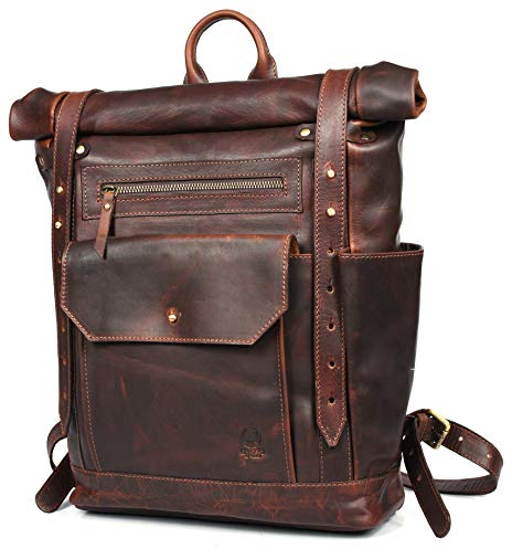 Corno d´Oro Handmade Rolltop Rucksack Herren Groß aus Premium Leder I 20l Lederrucksack Damen für 17 Zoll Laptop I XL Backpack Leather Vintage Braun