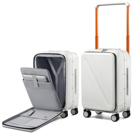 MILADA Wide Handle Carry On Luggage with Front Pocket Hardshell 20 Inch Front Opening Luggage with Spinner Wheels TSA Lock Aluminium Suitcase Airline Approved Carry-On Travel Luggage, White