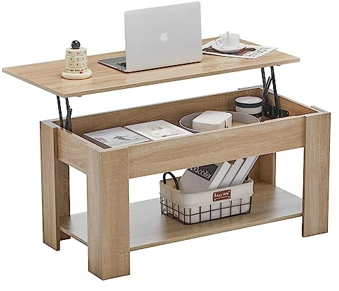 CLIPOP Lift Top Coffee Table Wooden Sofa Side Tea Table with Hidden and Open Storage Shelf, Extendable Center Table for Living Room