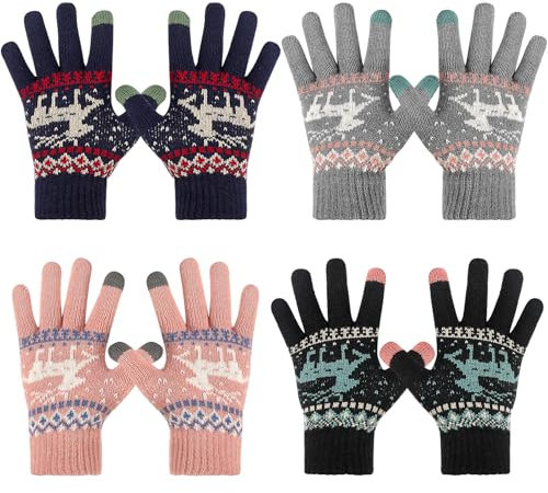 Lvefyti 4 Paar Touchscreen Handschuhe, Damen Winterhandschuhe Winddichte Strick Fäustlinge Handschuhe für Skifahren Radfahren Wandern
