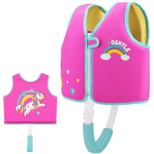 Chaleco de natación OSHYLE para niños pequeños, Chaleco Flotante con Correa de Seguridad, Ayuda a la flotabilidad (RJ-Unicorn, S(1-3))