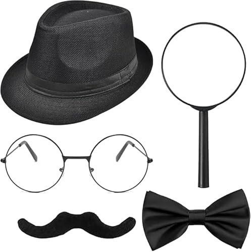 Dazzroi Set di 5 accessori per costume da detective nero, kit per travestimento da detective con cappello, baffi, papillon, montatura nera, occhiali, lente d'ingrandimento, per adulti, Halloween